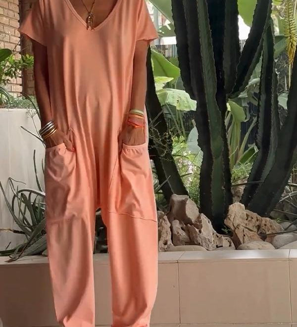Relaxed V-Neck Solid Jumpsuit