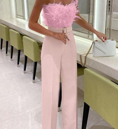 Chic Off-Shoulder Sleeveless Slim Jumpsuit with Feather Details