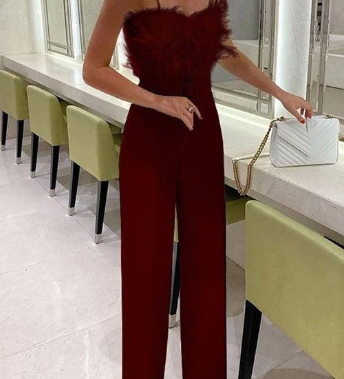 Chic Off-Shoulder Sleeveless Slim Jumpsuit with Feather Details
