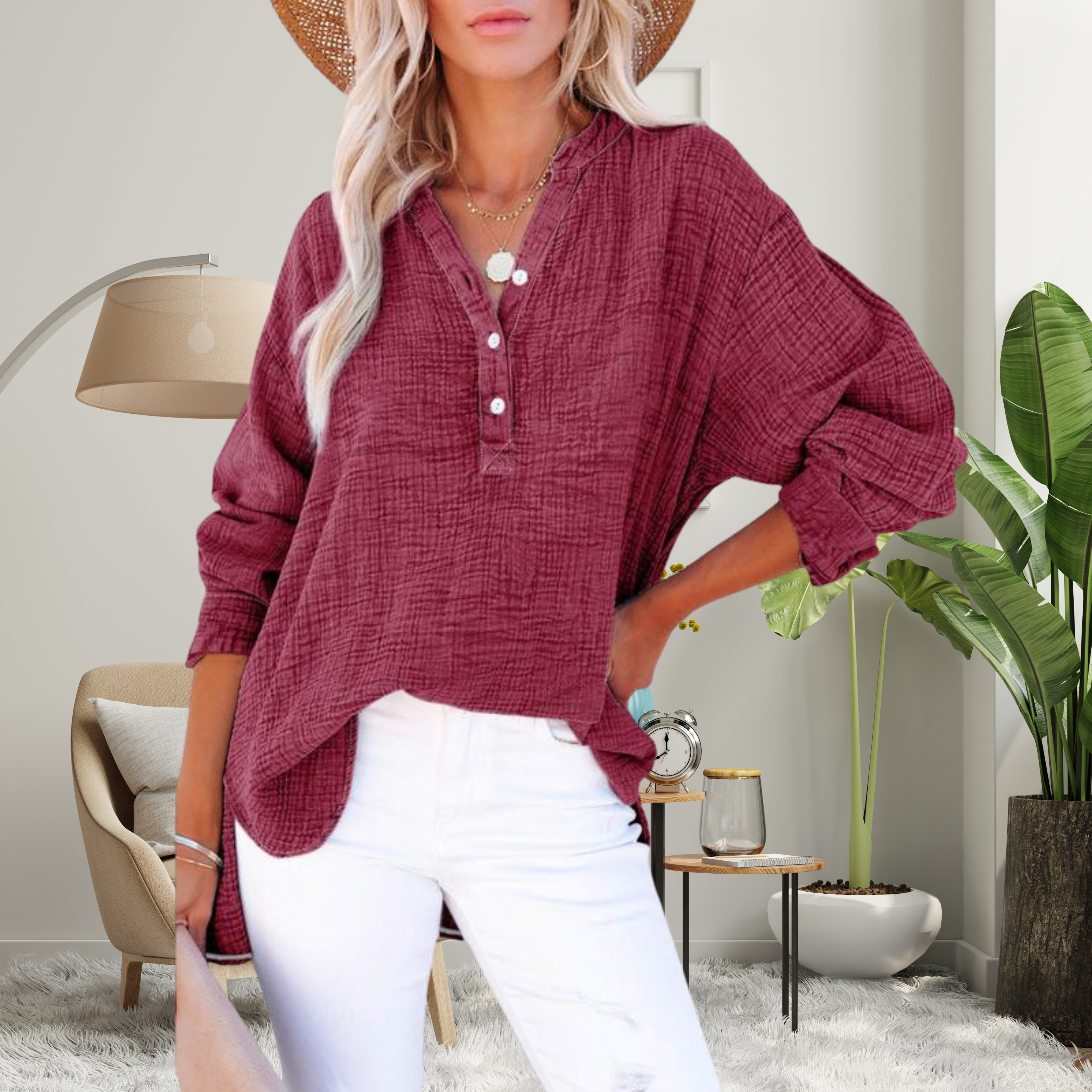 Brylin - Casual Button V-Neck Long Sleeve Oversized Blouse