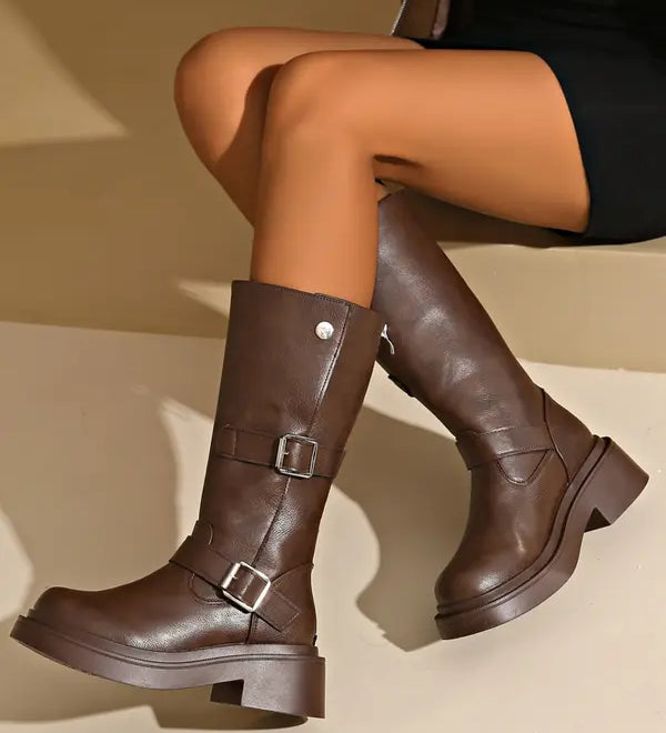 JEANT - Thick Heel Knee-High Boots Round