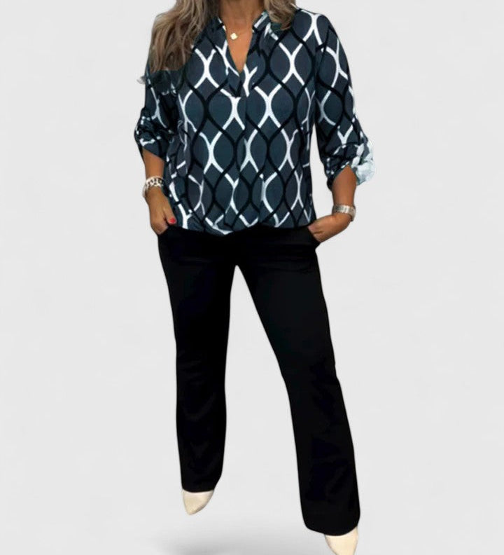 Calindrah - Geometric Wave Print V-Neck Blouse