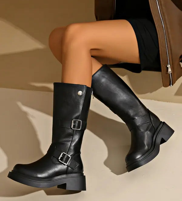 JEANT - Thick Heel Knee-High Boots Round
