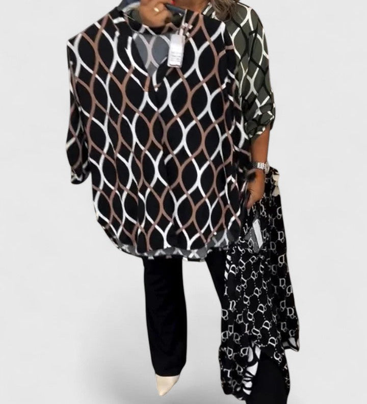Calindrah - Geometric Wave Print V-Neck Blouse