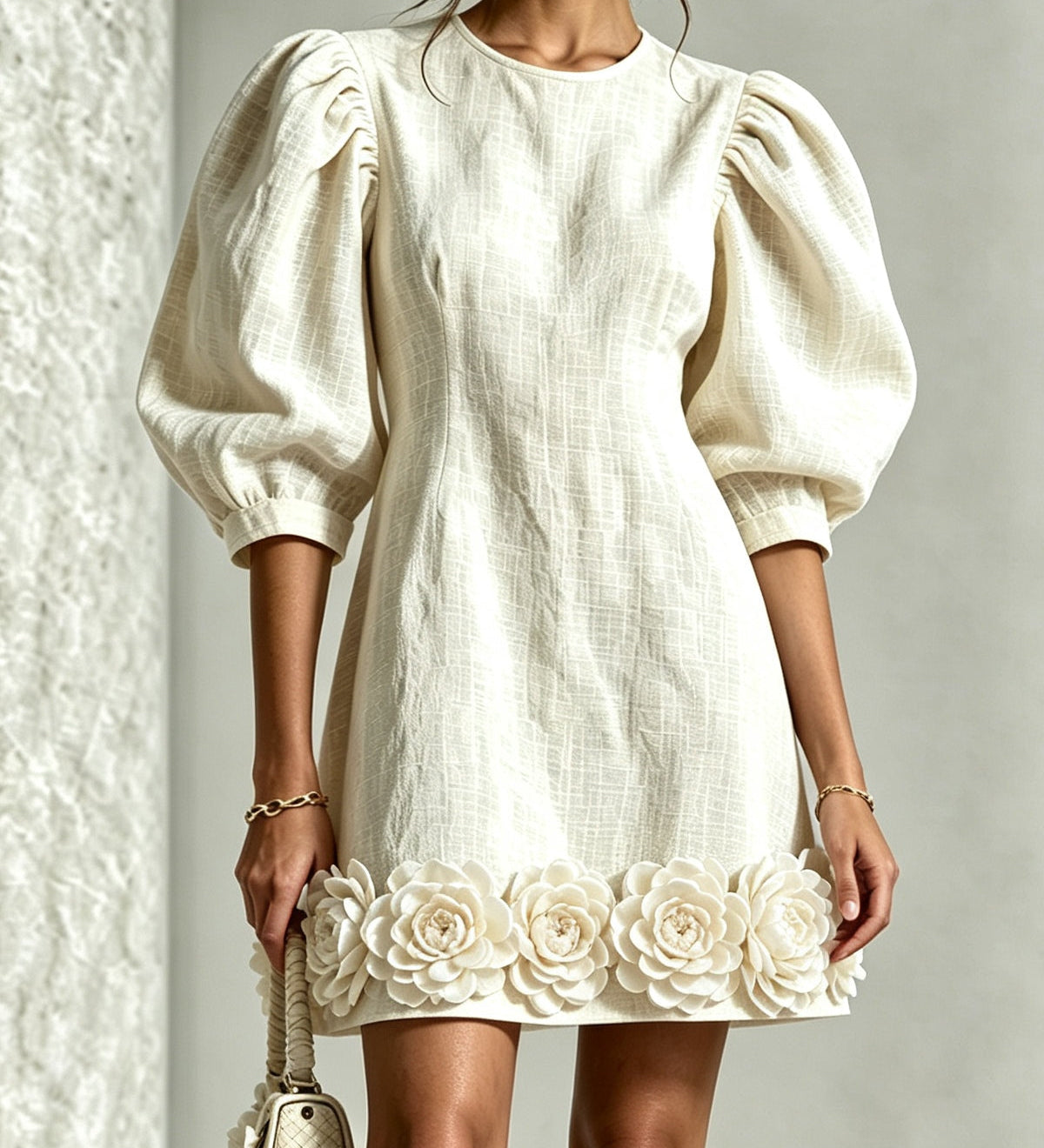 Blanche | Floral-Hem Puff-Sleeve Mini Dress