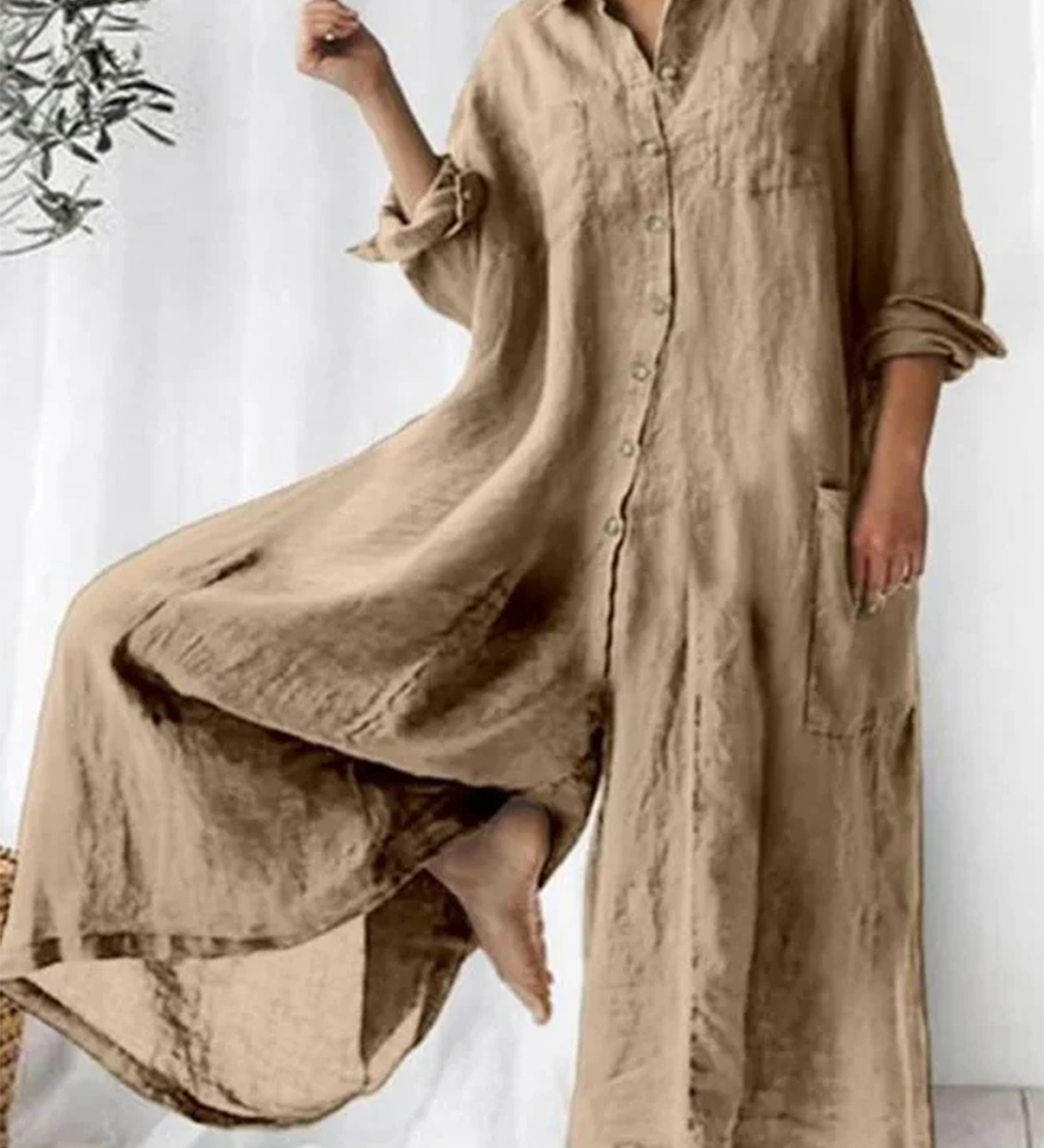 Relaxed Fit Plain Lapel Single-Breasted Wide-Leg Jumpsuit