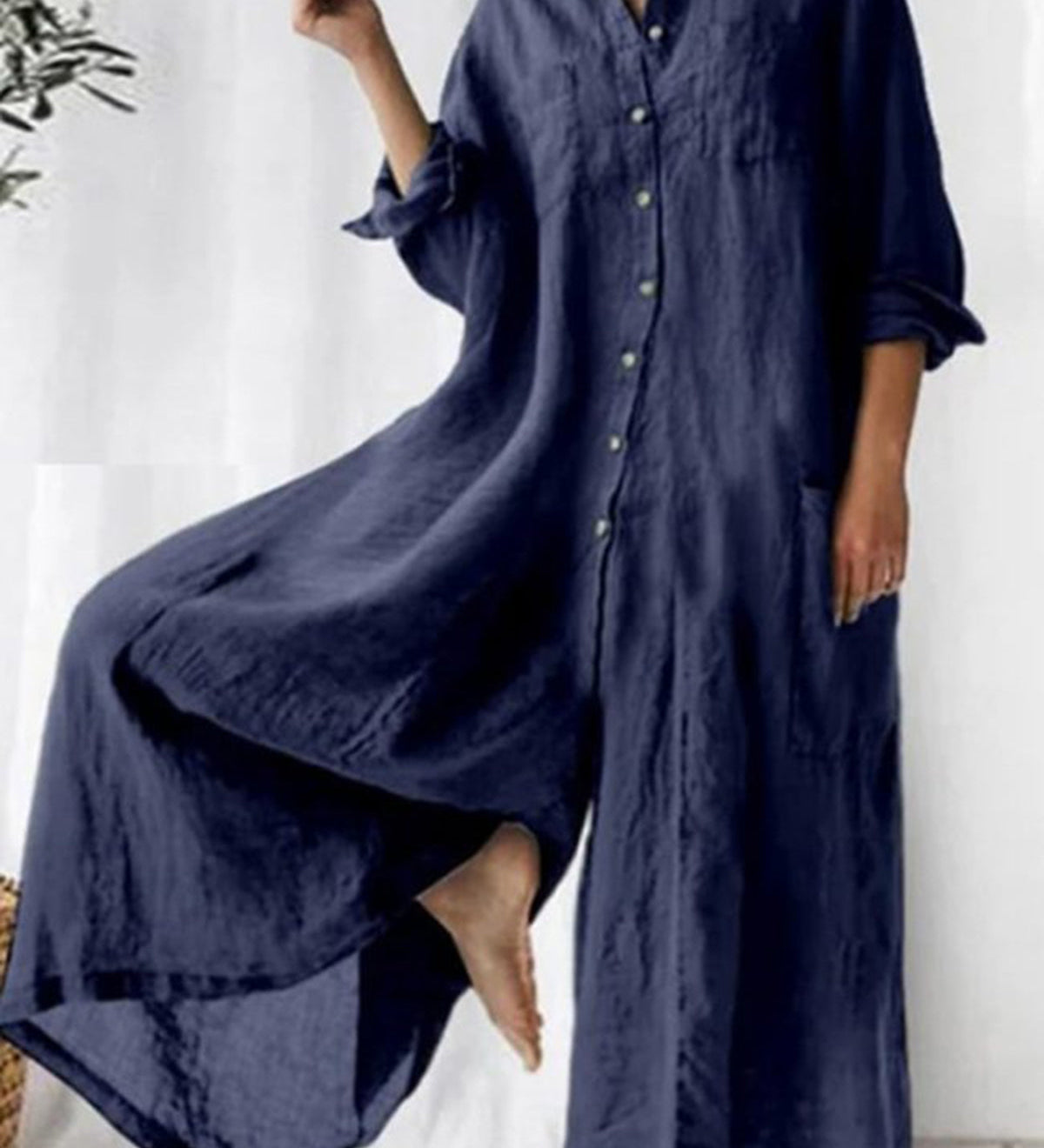 Relaxed Fit Plain Lapel Single-Breasted Wide-Leg Jumpsuit