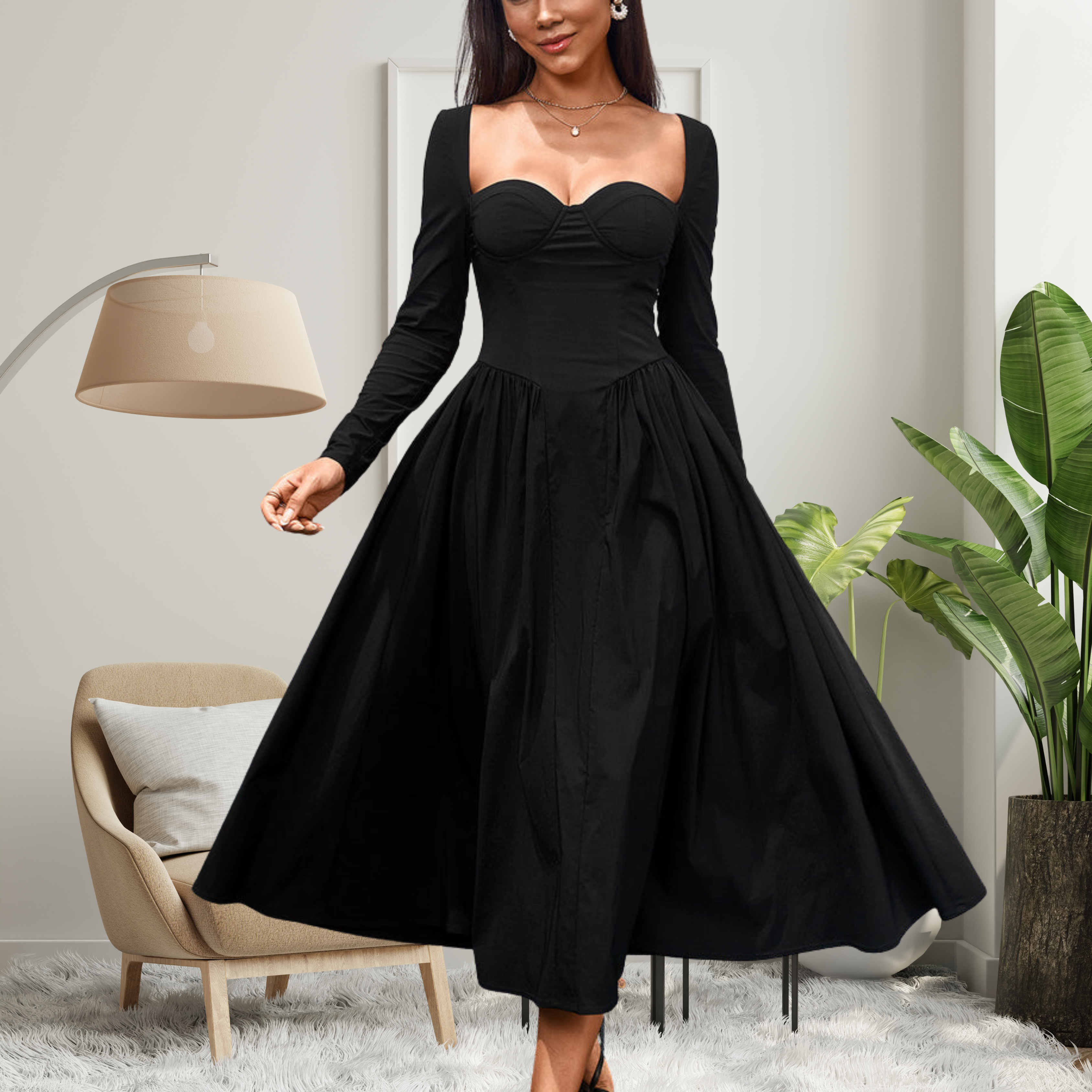 AKILAT - Heart Neckline Long Sleeve A-Line