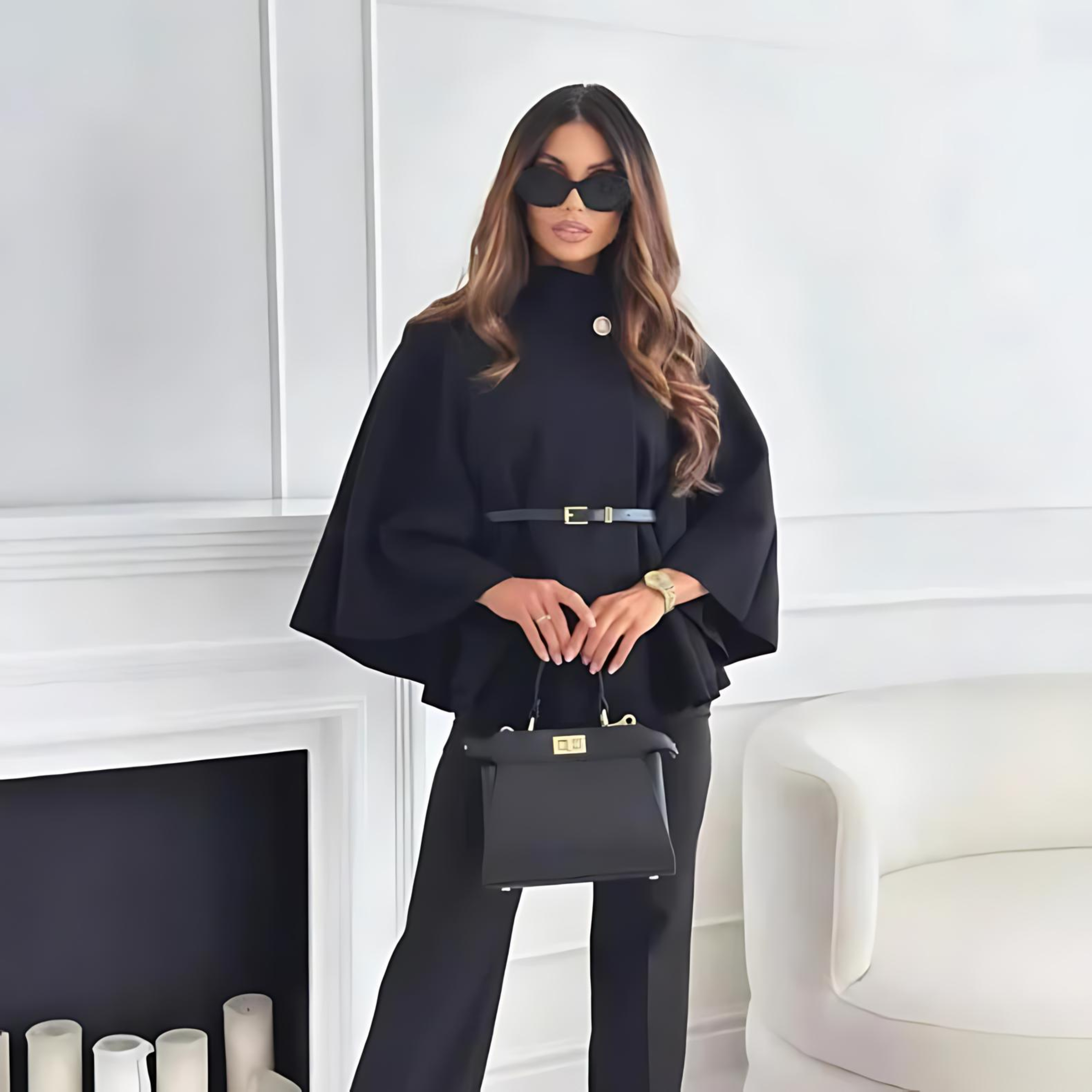 Fenith - Classy High Neck Belted Cape Top