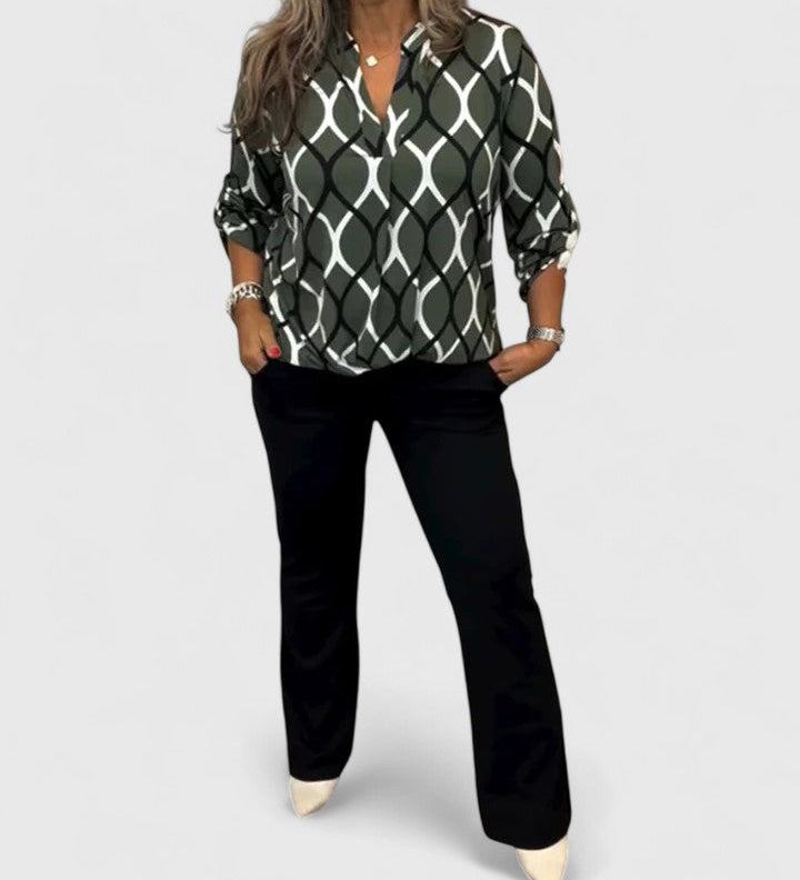 Calindrah - Geometric Wave Print V-Neck Blouse