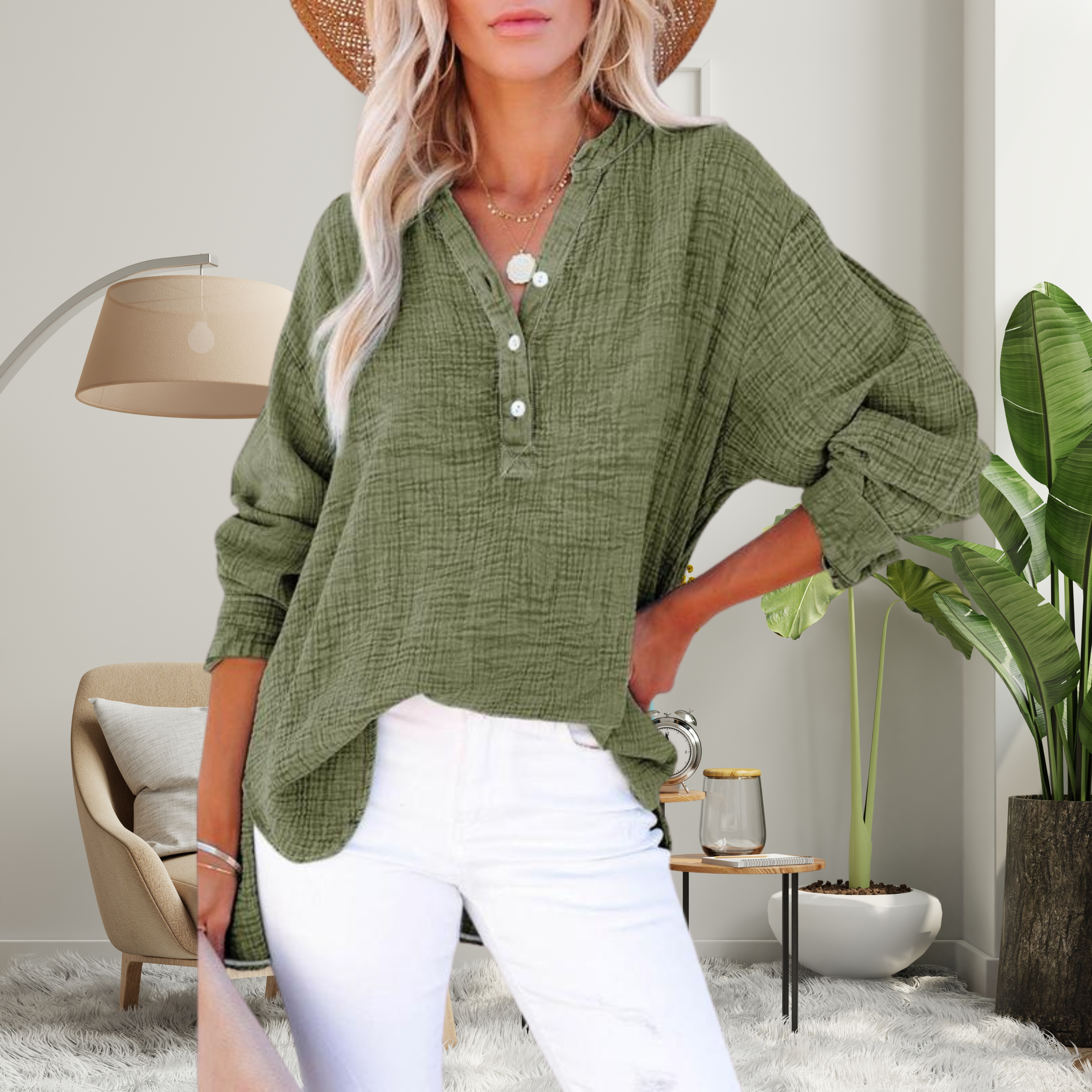 Brylin - Casual Button V-Neck Long Sleeve Oversized Blouse