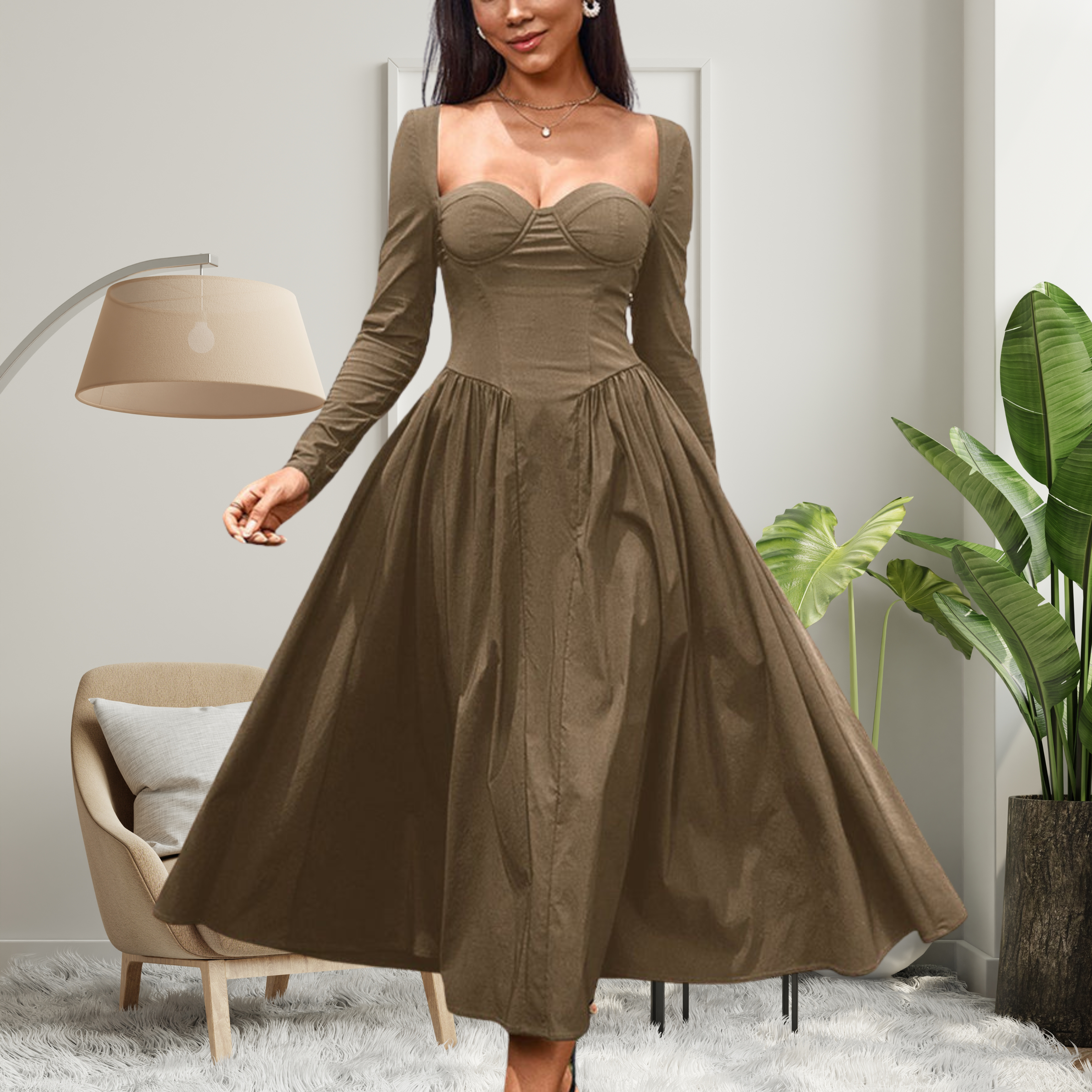AKILAT - Heart Neckline Long Sleeve A-Line