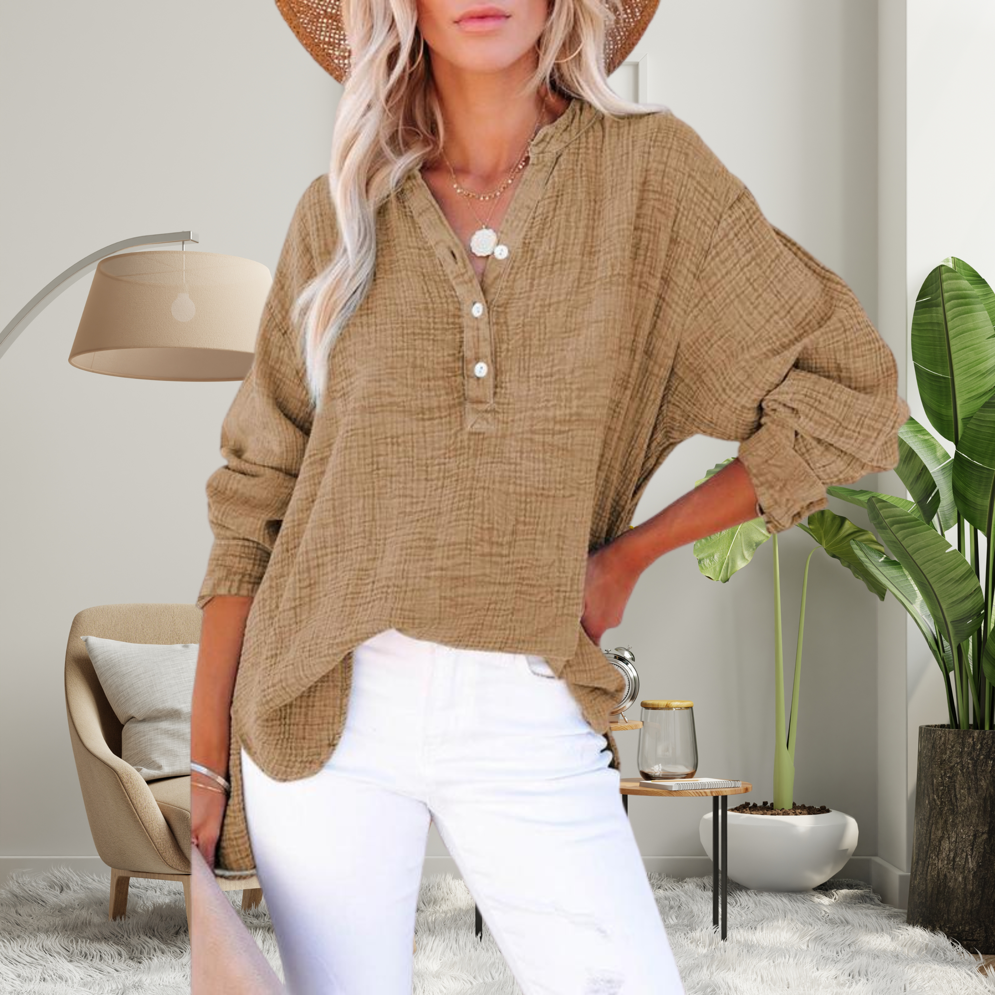 Brylin - Casual Button V-Neck Long Sleeve Oversized Blouse