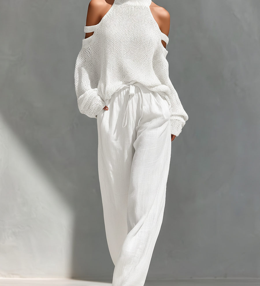 MARIA - Knit Fabric Cold-Shoulder Turtleneck Top & Wide-Leg Pants Set