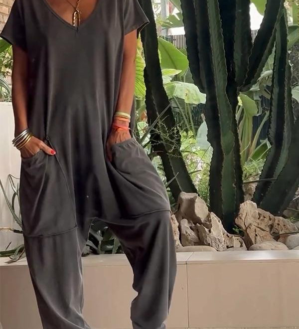 Relaxed V-Neck Solid Jumpsuit