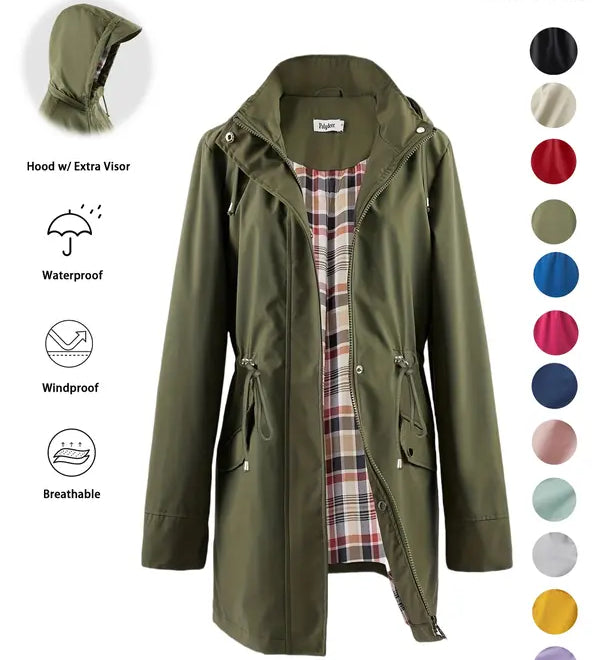 QING™ - Casual Drawstring Zip Up Hooded Trench Coat