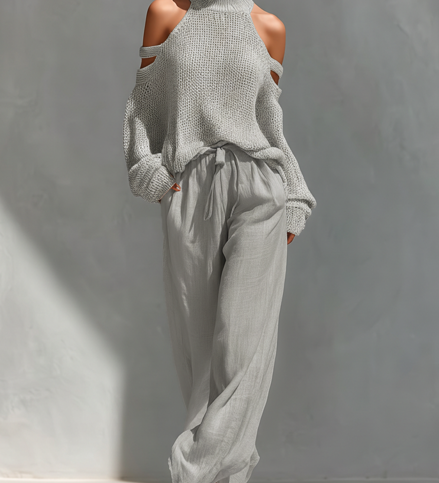 MARIA - Knit Fabric Cold-Shoulder Turtleneck Top & Wide-Leg Pants Set