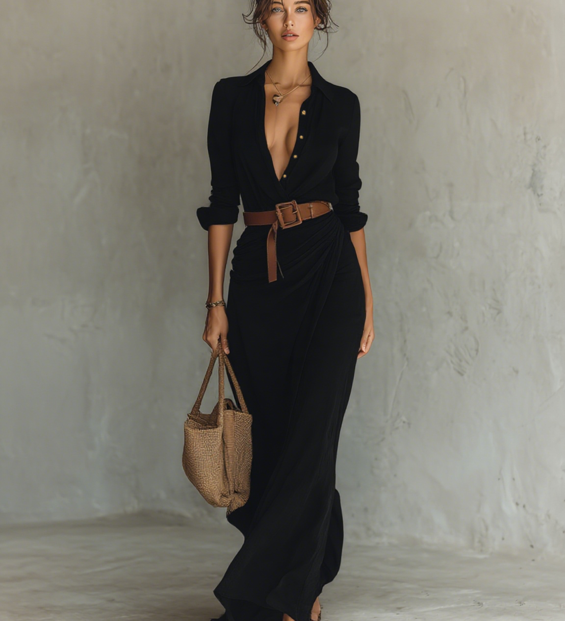 Sally - Long-Sleeve Lapel Collar Maxi Dress