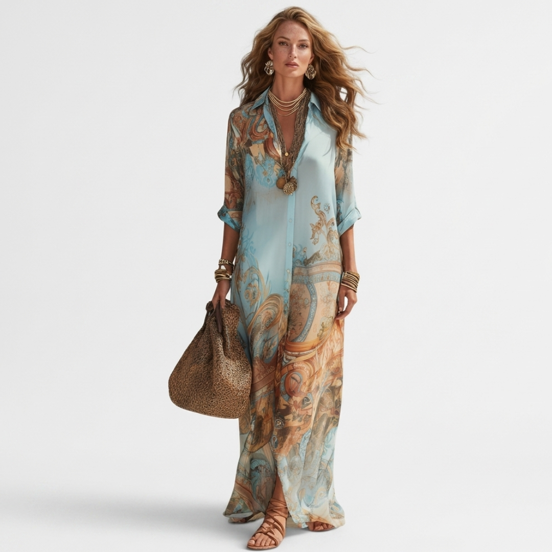 Edna - Mediterranean Print Maxi Shirt Dress