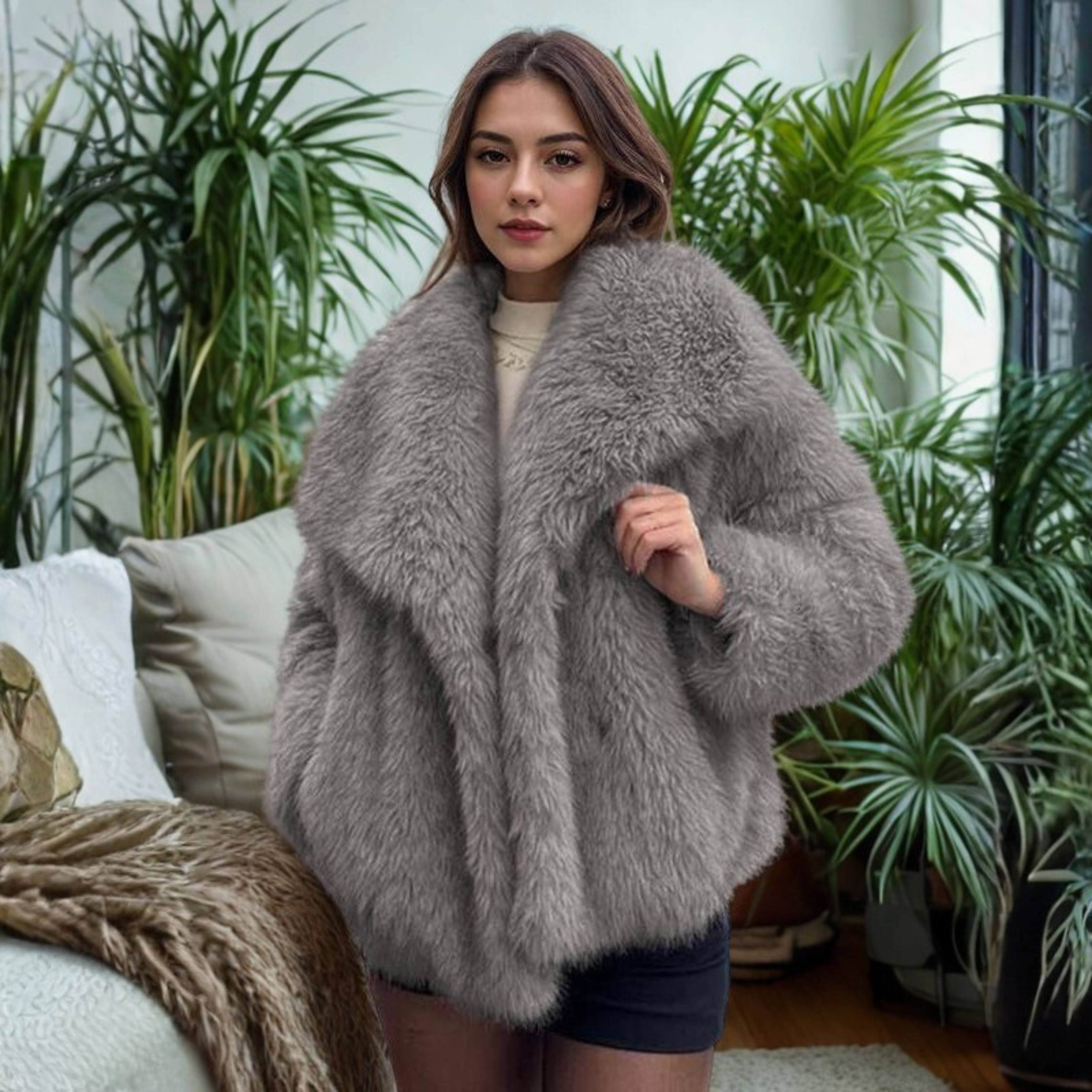 CORRINE™ - Classy Long Sleeve Collared Fuzzy Coat