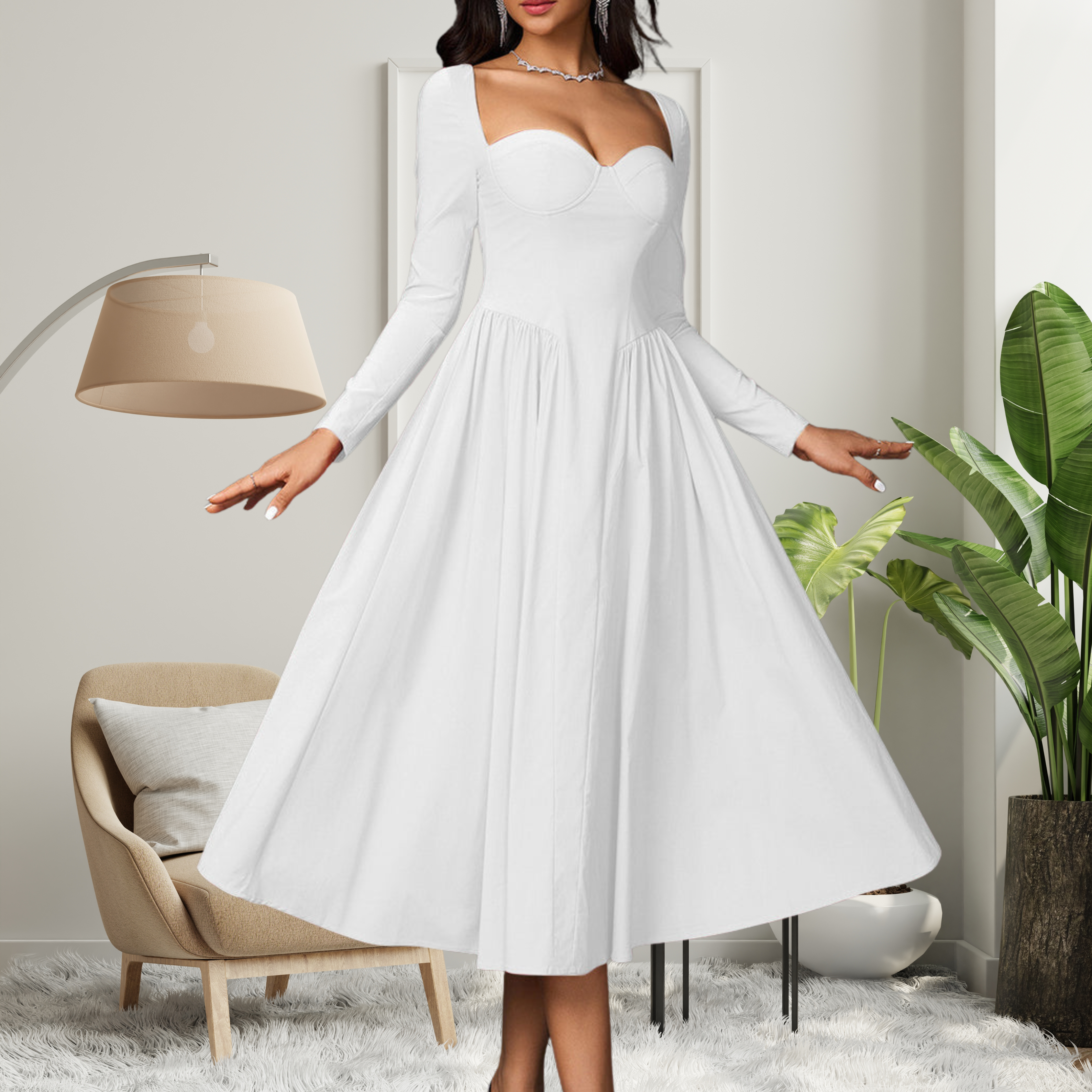 AKILAT - Heart Neckline Long Sleeve A-Line