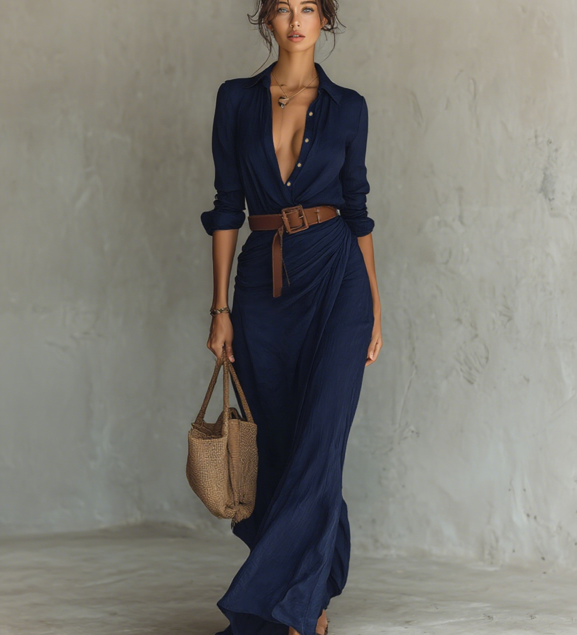 Sally - Long-Sleeve Lapel Collar Maxi Dress
