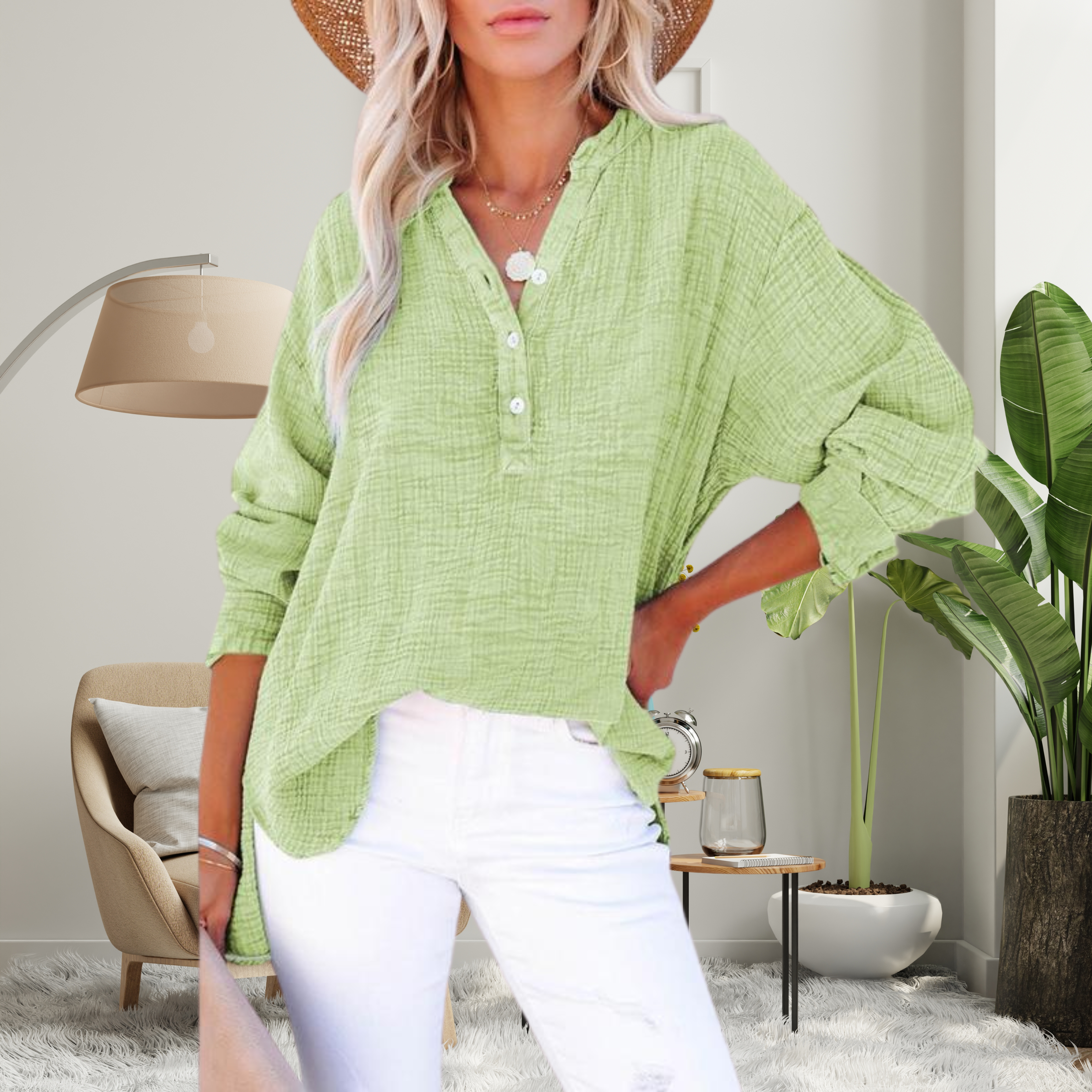 Brylin - Casual Button V-Neck Long Sleeve Oversized Blouse