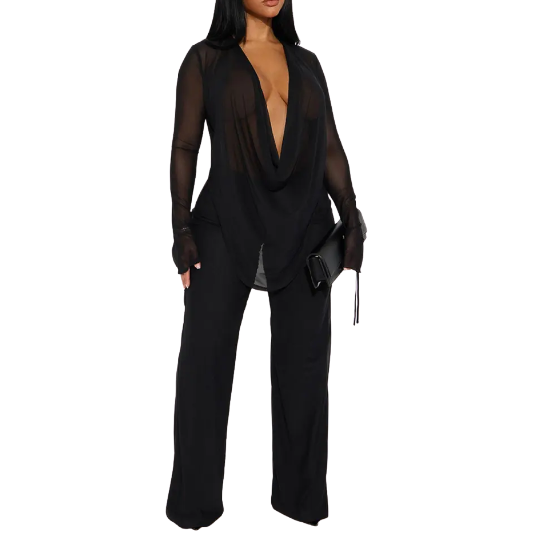 ROXELLA™ – Deep V Ruffle Bell-Bottom Set