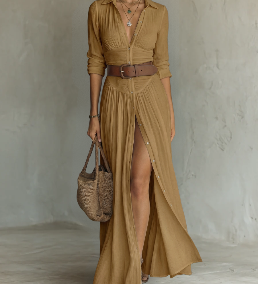 Lorena - Long-Sleeve Linen Maxi Dress