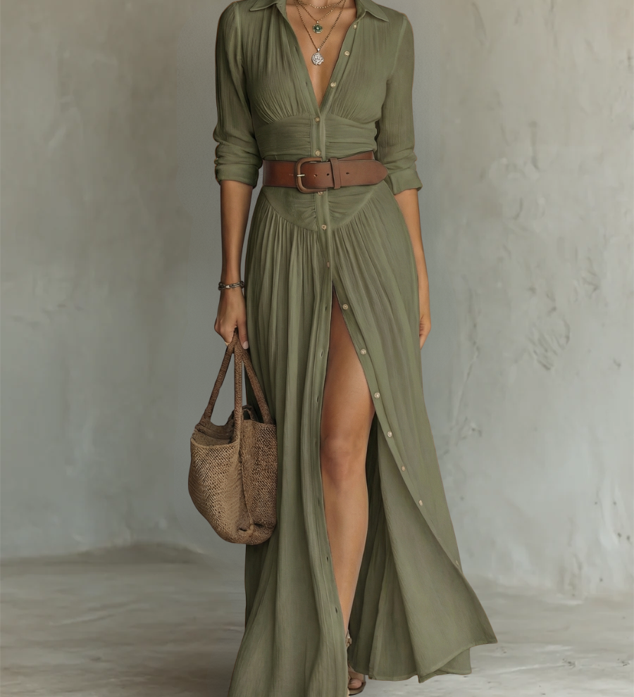 Lorena - Long-Sleeve Linen Maxi Dress