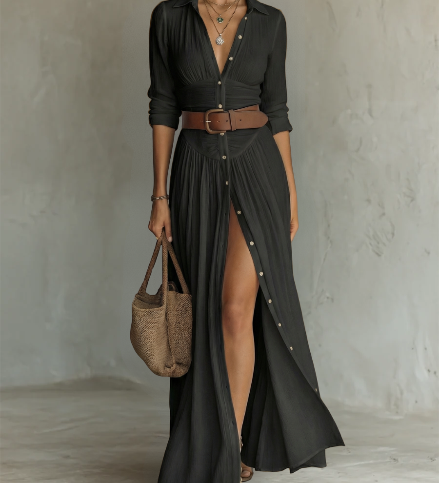 Lorena - Long-Sleeve Linen Maxi Dress