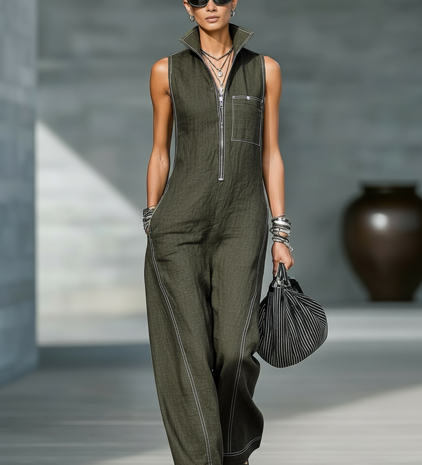 Octavia - Sleeveless Jumpsuit with White Hem Detail