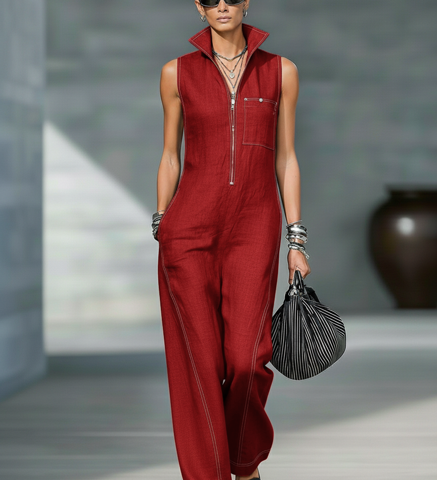Octavia - Sleeveless Jumpsuit with White Hem Detail