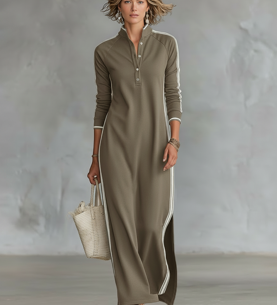 Delia - Button-Collar Sweatshirt Maxi Dress