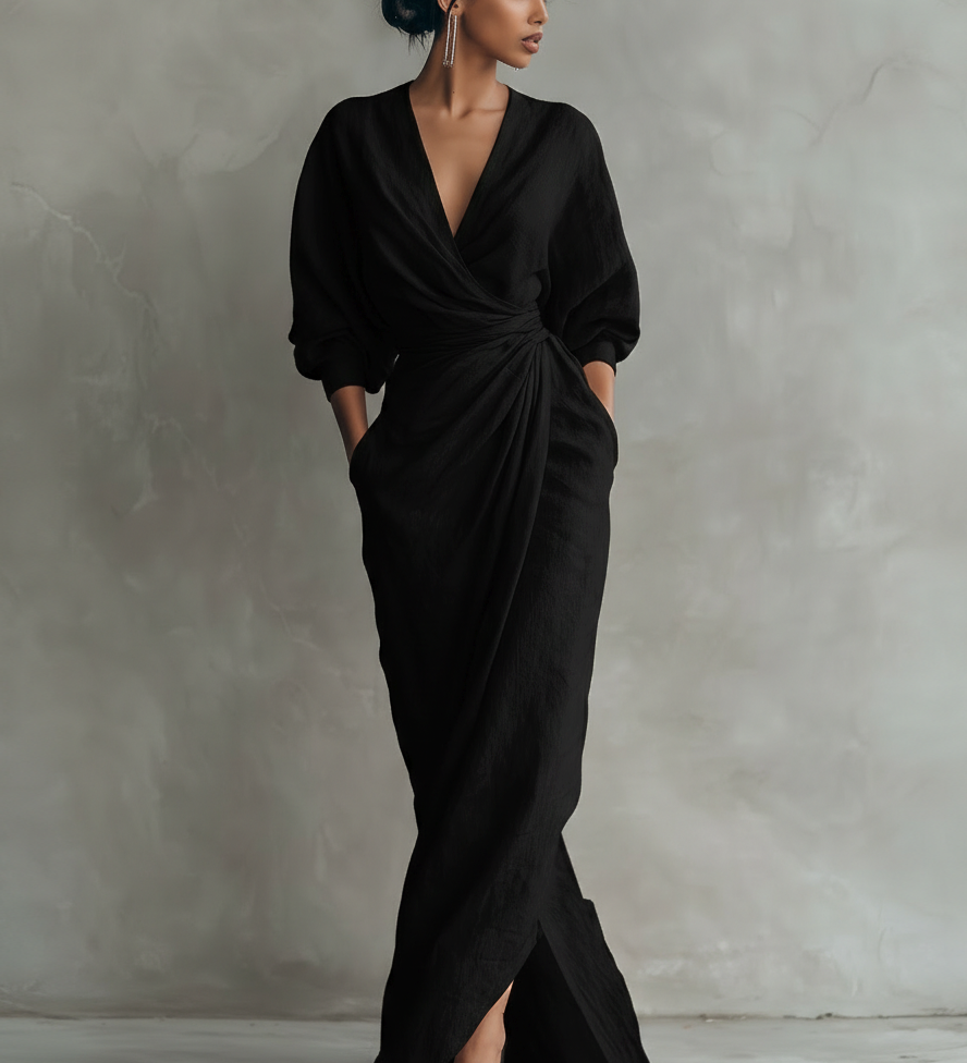 Alba - Pink Linen V-Neck Maxi Dress