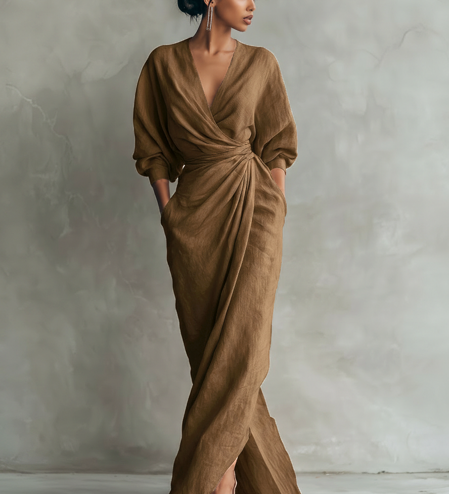 Alba - Pink Linen V-Neck Maxi Dress