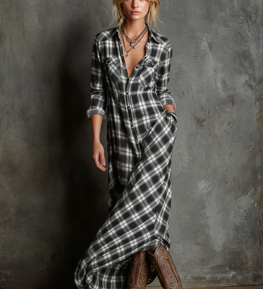 Lydia | Plaid Lapel Single-Breasted Shirt Maxi Dress