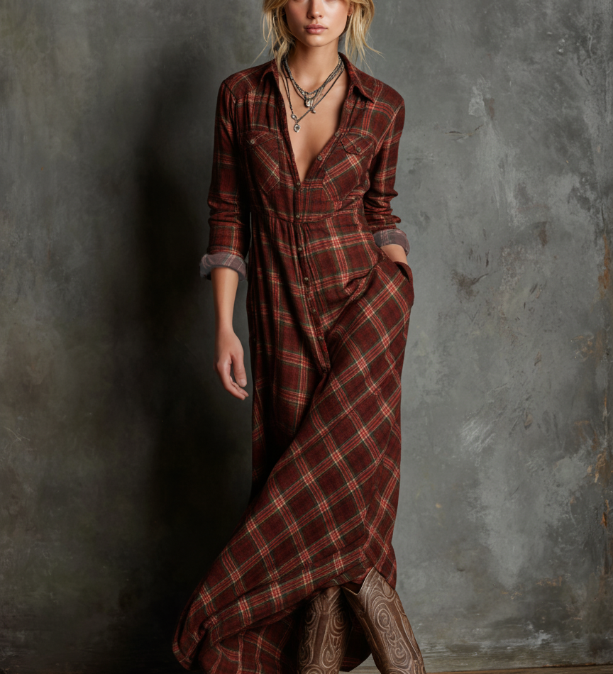 Lydia | Plaid Lapel Single-Breasted Shirt Maxi Dress