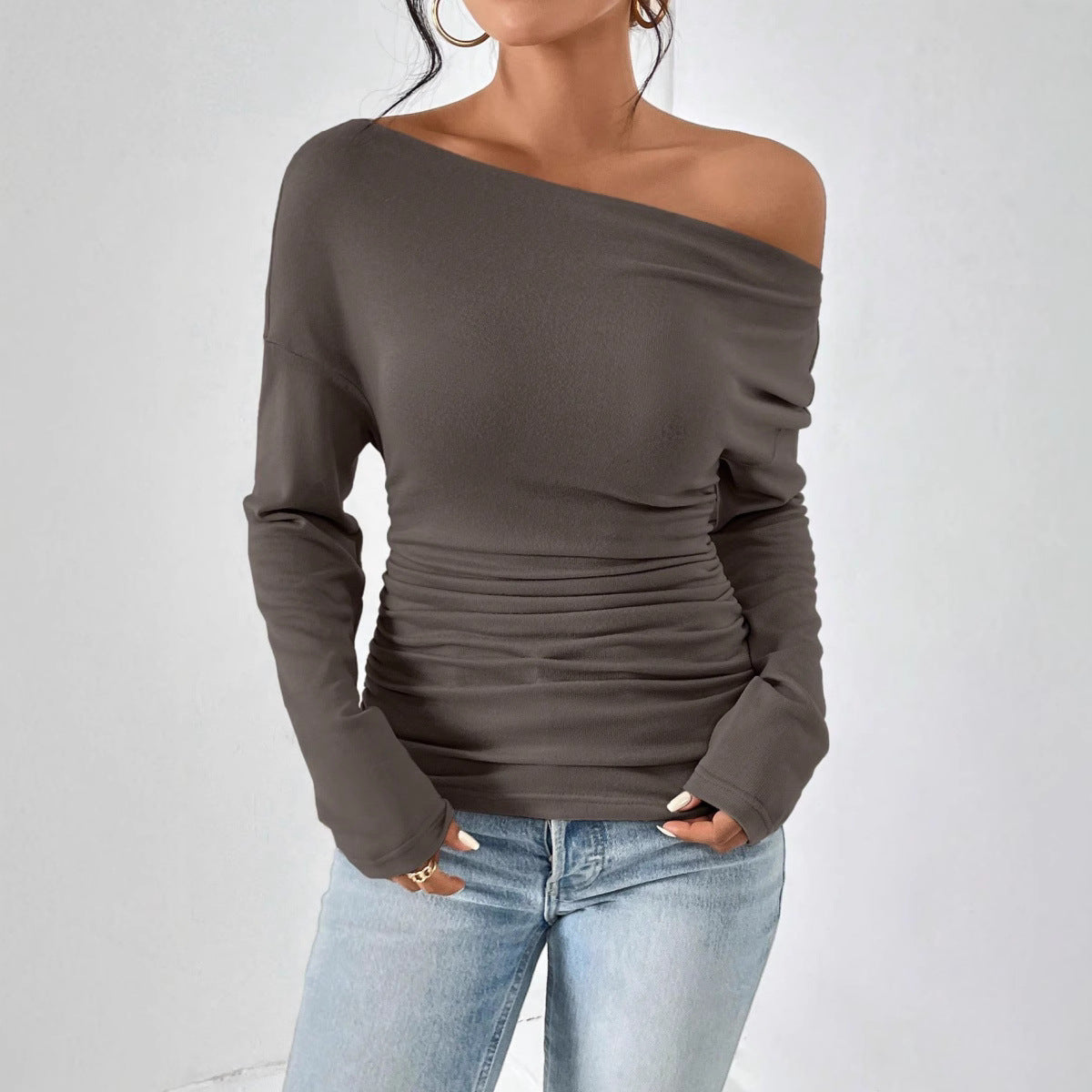 Gaty - Chic Long Sleeve Asymmetrical Shoulder Top