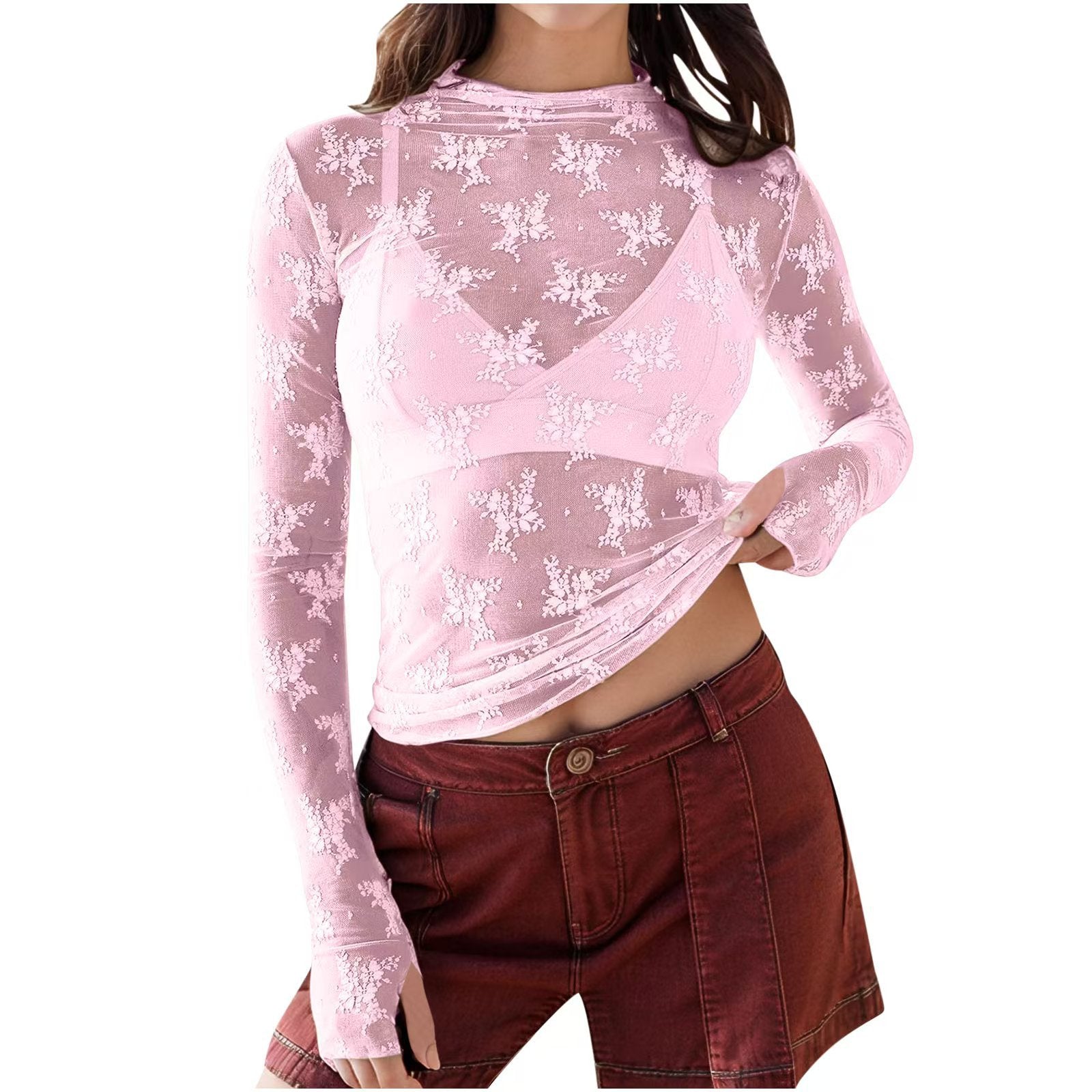 Novy - Lace Mesh Long Sleeve Fitted Blouse