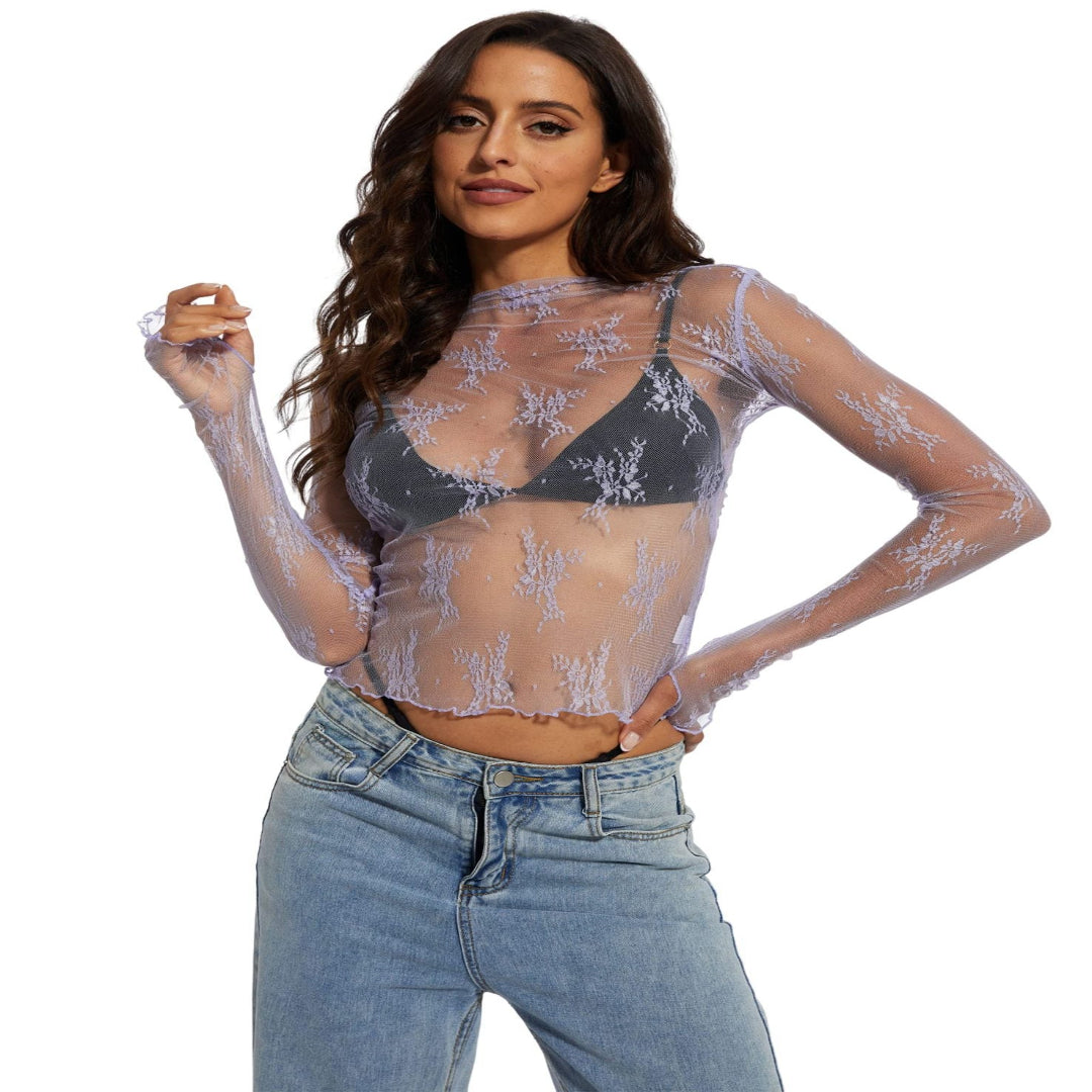 Novy - Lace Mesh Long Sleeve Fitted Blouse