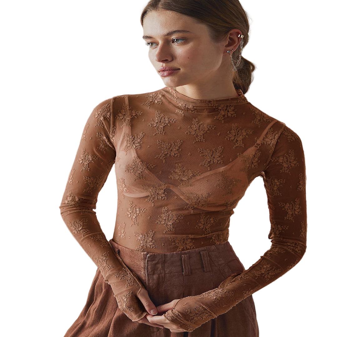 Novy - Lace Mesh Long Sleeve Fitted Blouse