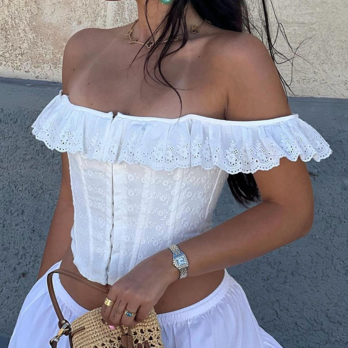 Fanella - Vintage Eyelet Corset Square Neck Top
