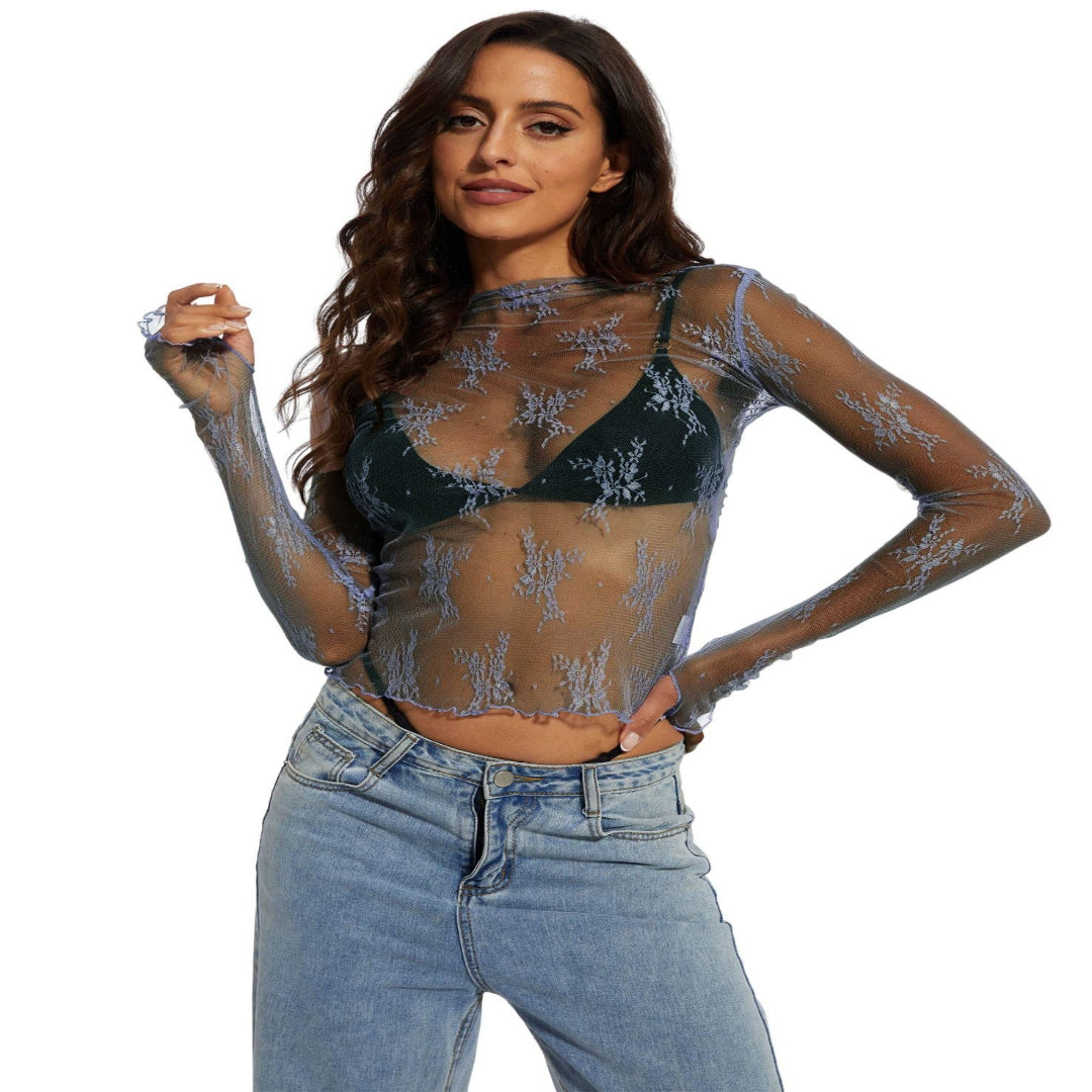 Novy - Lace Mesh Long Sleeve Fitted Blouse