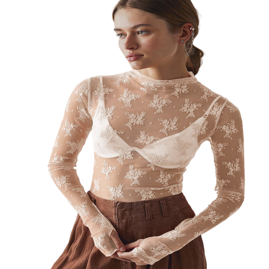 Novy - Lace Mesh Long Sleeve Fitted Blouse