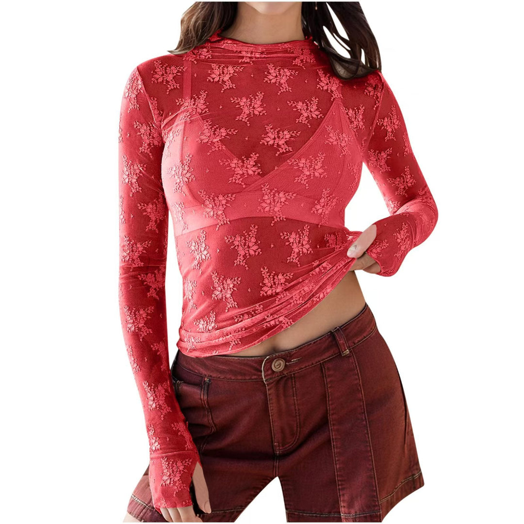 Novy - Lace Mesh Long Sleeve Fitted Blouse