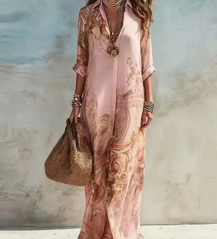 Edna - Mediterranean Print Maxi Shirt Dress