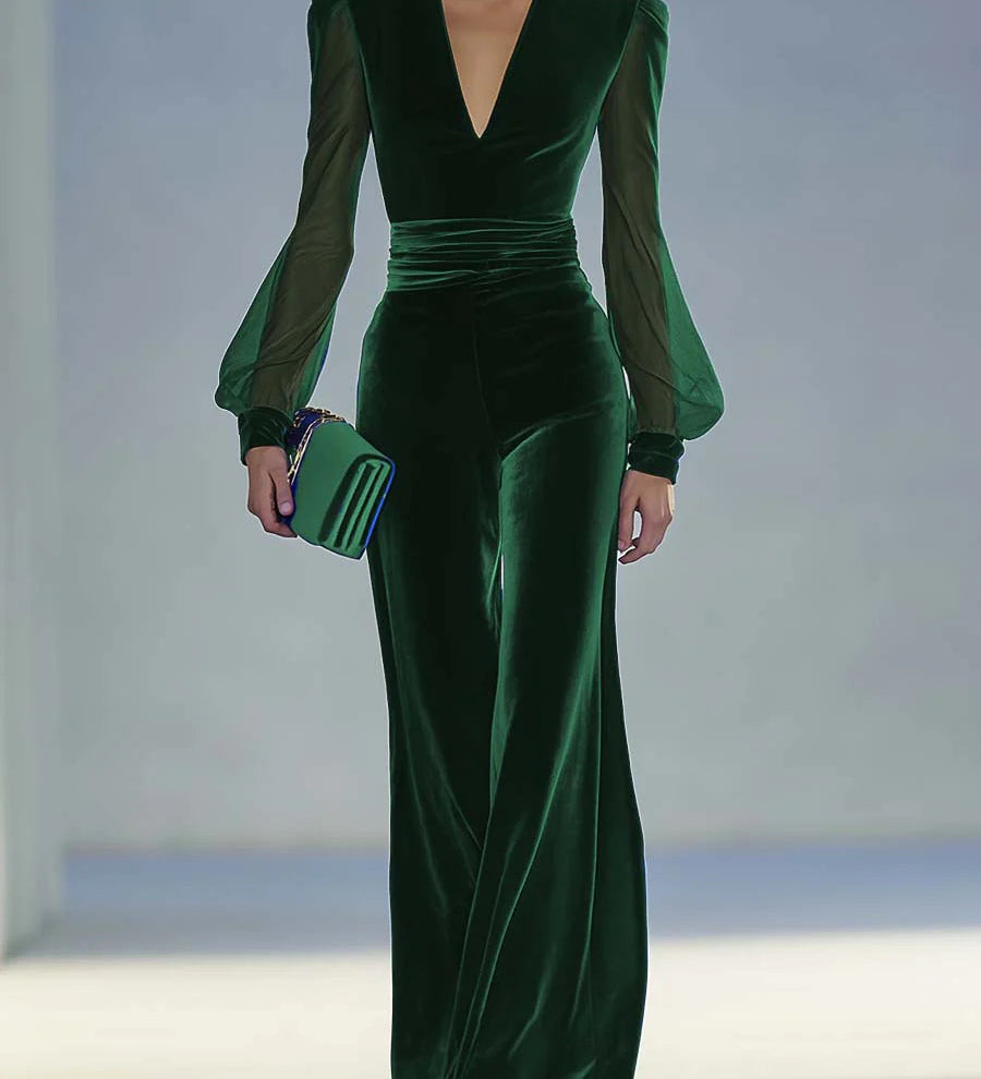 Elegant Retro V-Neck Long-Sleeve Royal Velvet Jumpsuit with Mesh Details