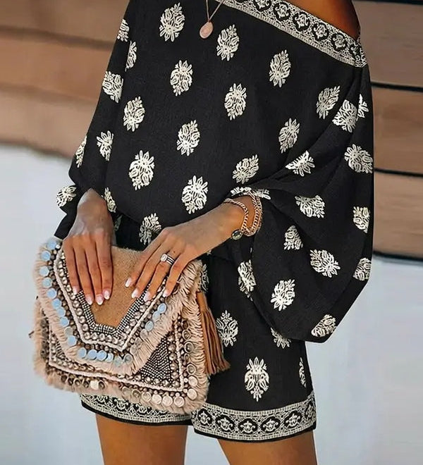 Off-Shoulder Baroque Print Jumpsuit with Lantern Sleeves and Shorts