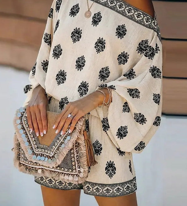Off-Shoulder Baroque Print Jumpsuit with Lantern Sleeves and Shorts